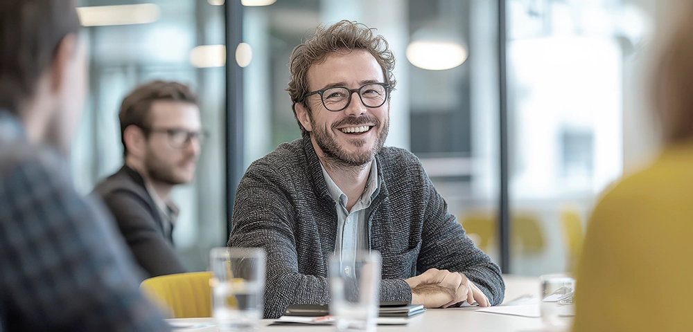 Smiling man with glasses in a modern meeting environment, reflecting a friendly and collaborative workspace