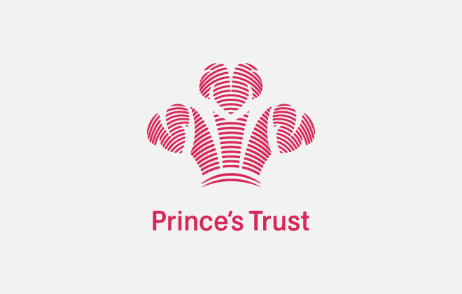 Light grey rectangle featuring Prince's Trust logo, which has a stylized crown-like design