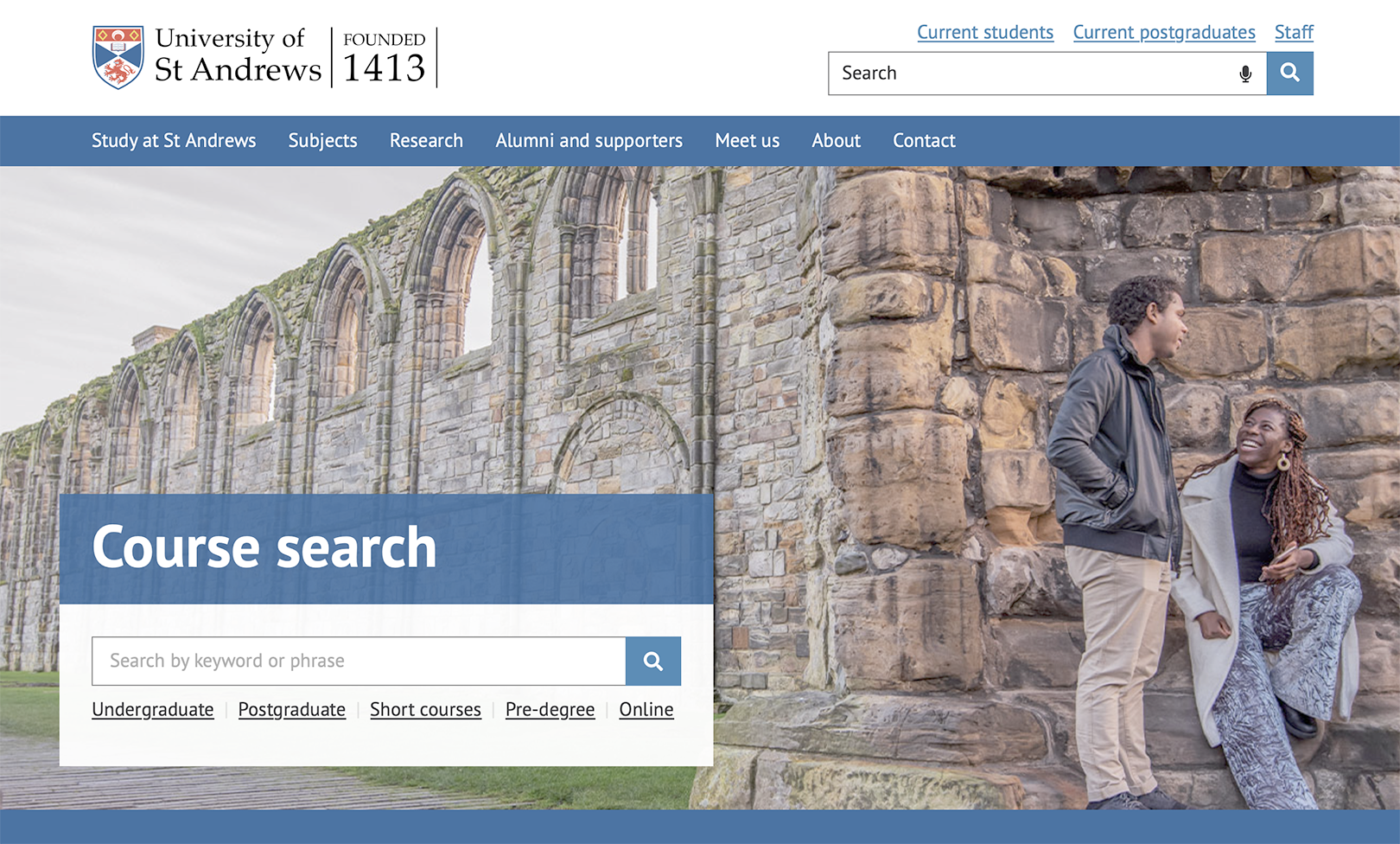 Screenshot of the University of St Andrews website showing a course search feature and historical campus architecture