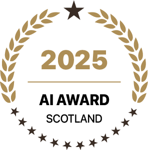 Gold laurel wreath circle badge indicating 2025 AI Award Scotland